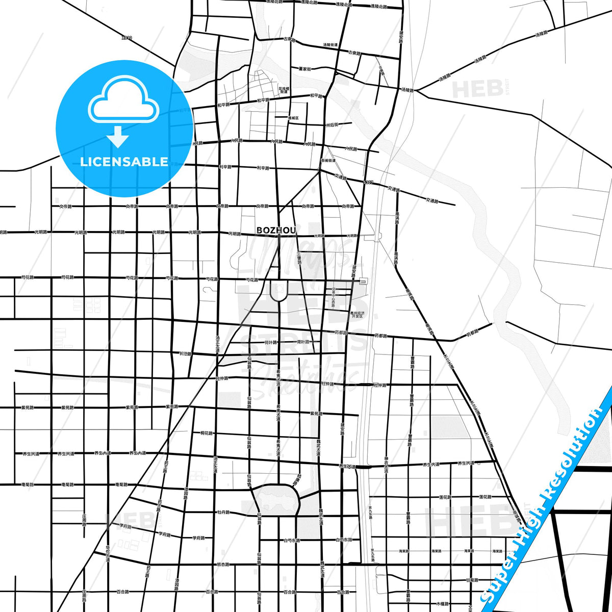 Bozhou, China Light Map with Street Names, City Names, and Districts