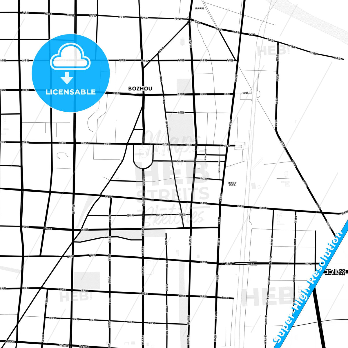 Bozhou, China Light Map with Street Names, City Names, and Districts