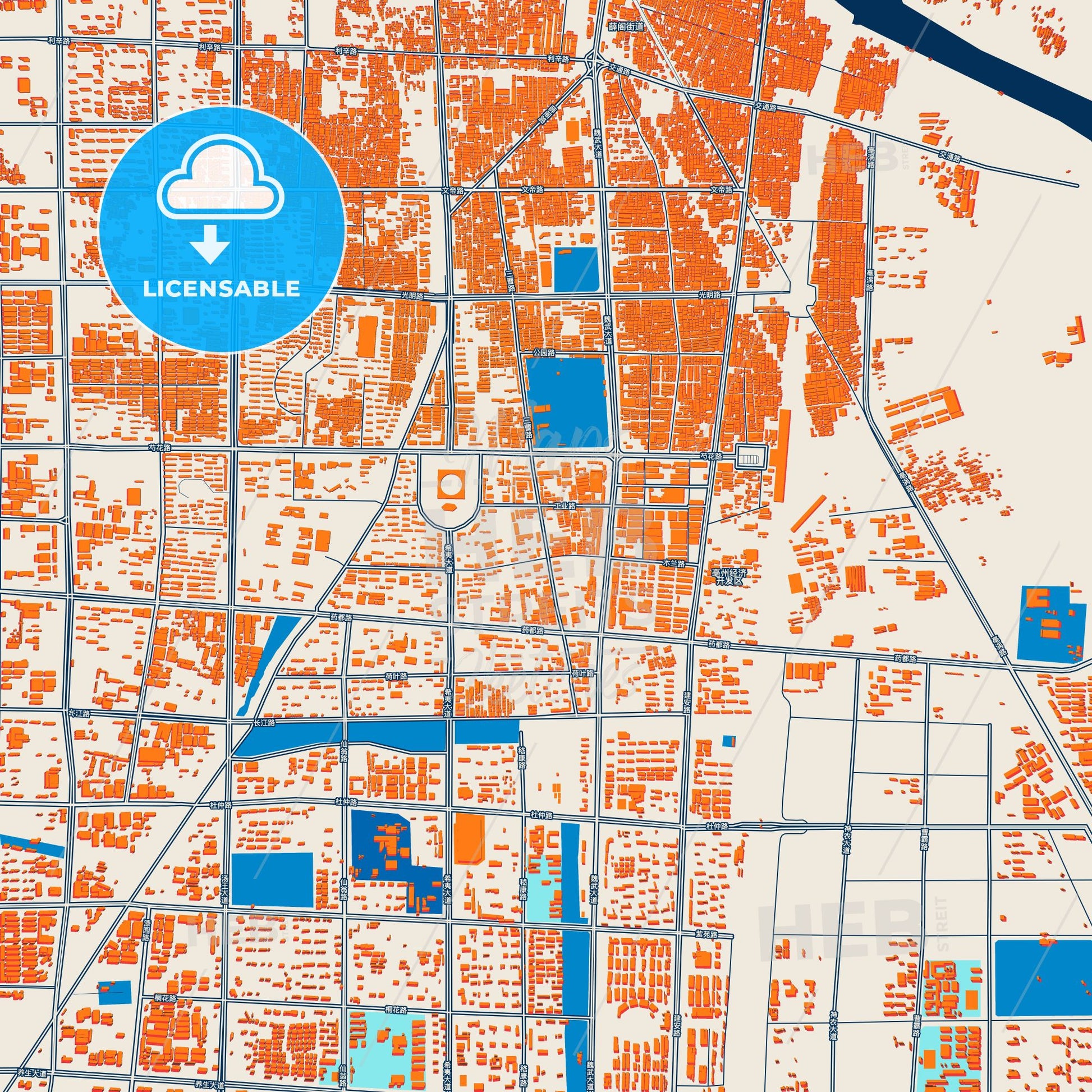 Colorful Bozhou Street Map with Labels and Buildings