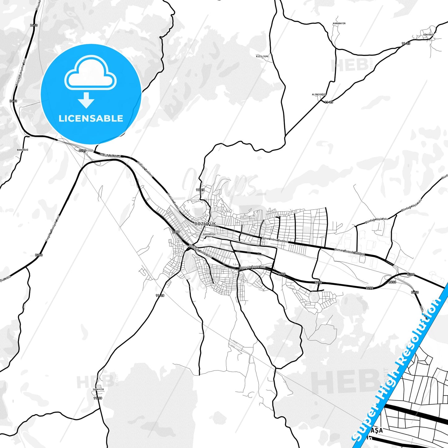 Bozüyük, Turkey Light Map with Street Names, City Names, and Districts