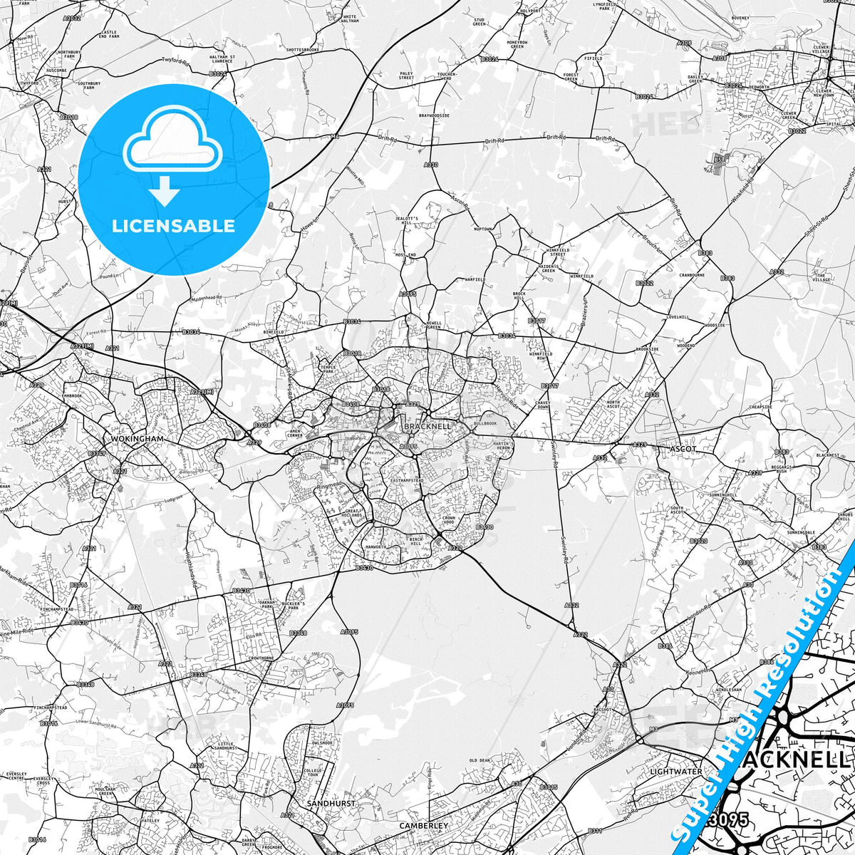 Bracknell, England light map with streetnames, citynames and districts