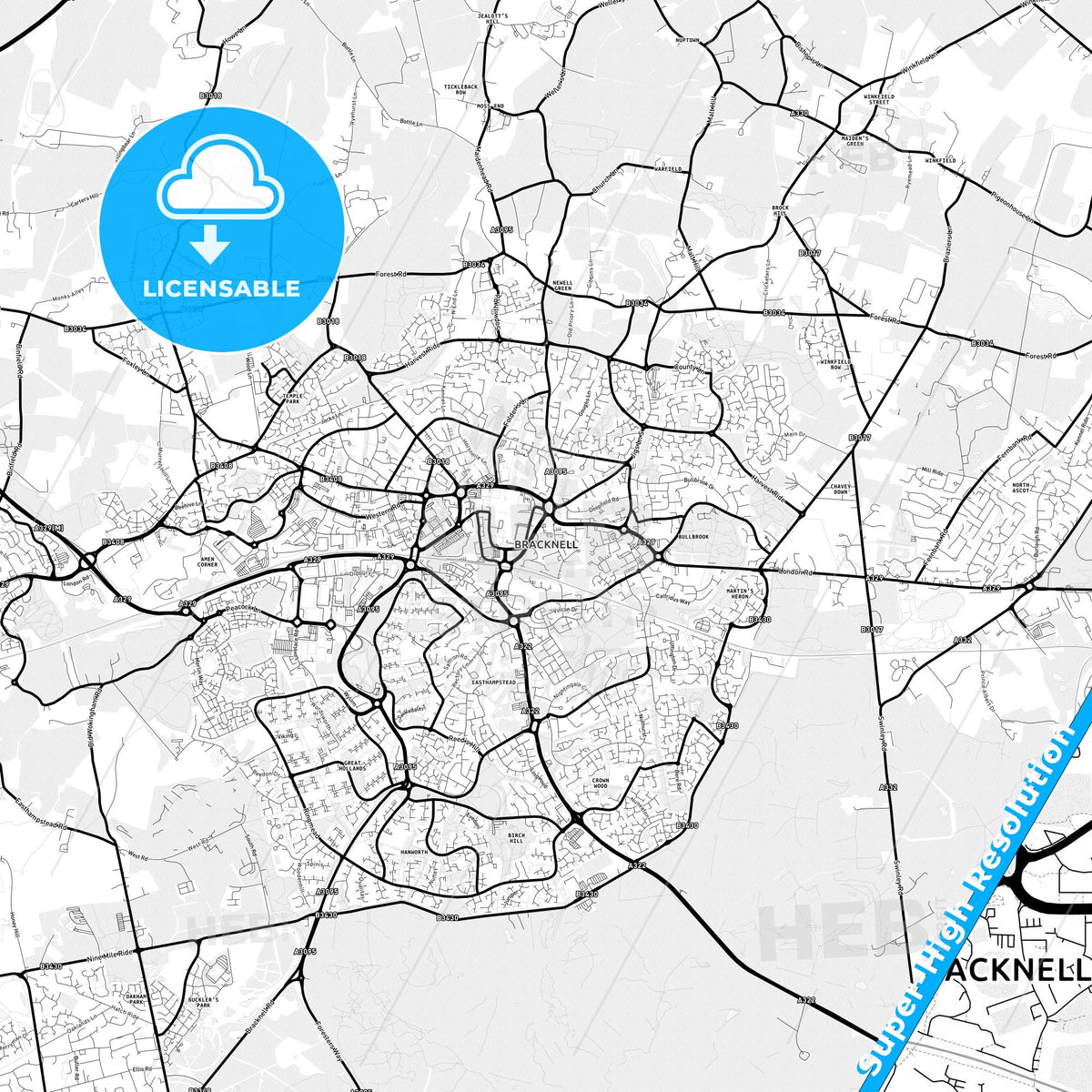 Bracknell, England Light Map with Street Names, City Names, and Districts