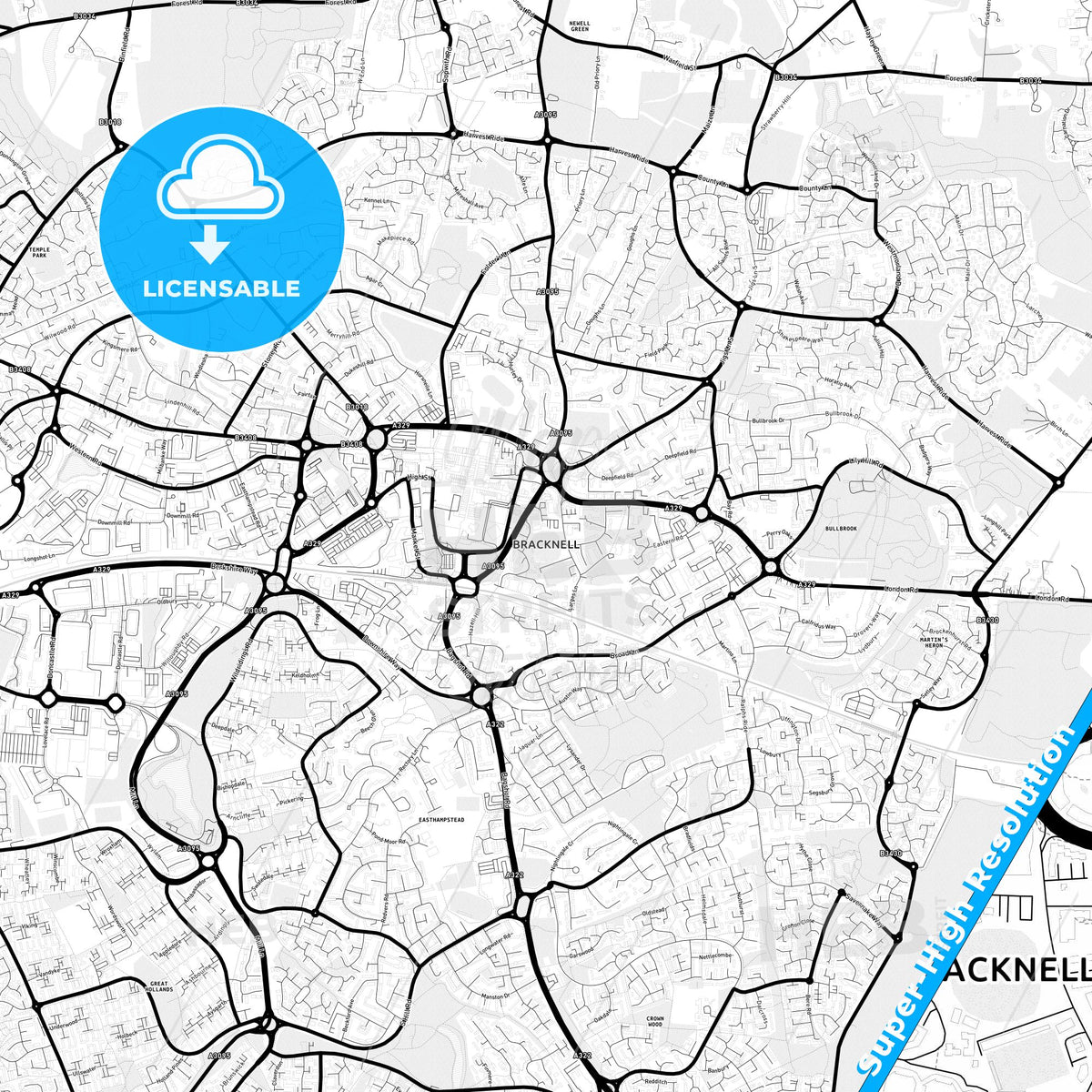 Bracknell, England Light Map with Street Names, City Names, and Districts