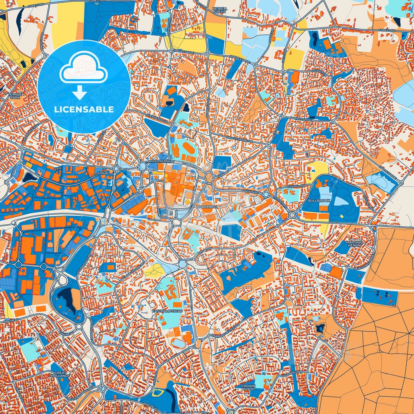 Colorful Bracknell Street Map with Labels and Buildings