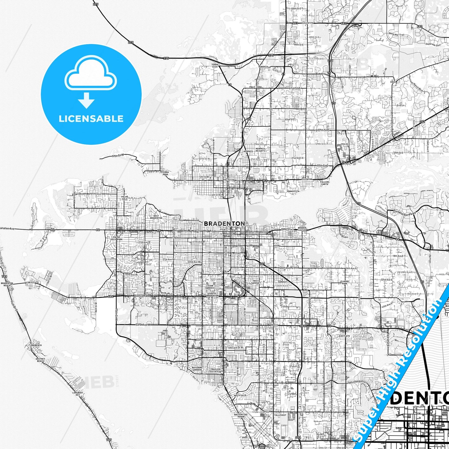 Bradenton, Florida light map with streetnames, citynames and districts