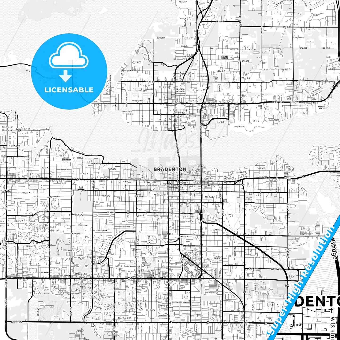 Bradenton, Florida Light Map with Street Names, City Names, and Districts