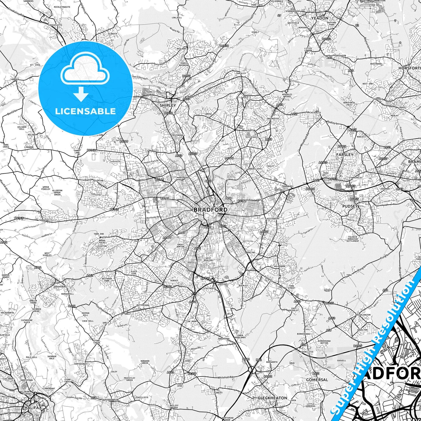Bradford, England light map with streetnames, citynames and districts