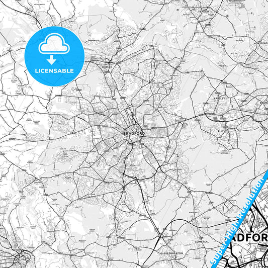 Bradford, England light map with streetnames, citynames and districts