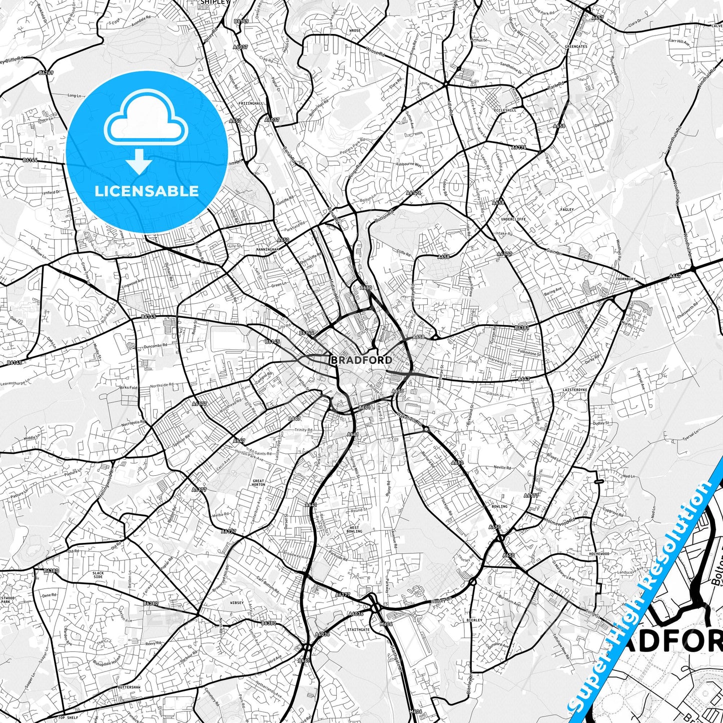 Bradford, England Light Map with Street Names, City Names, and Districts