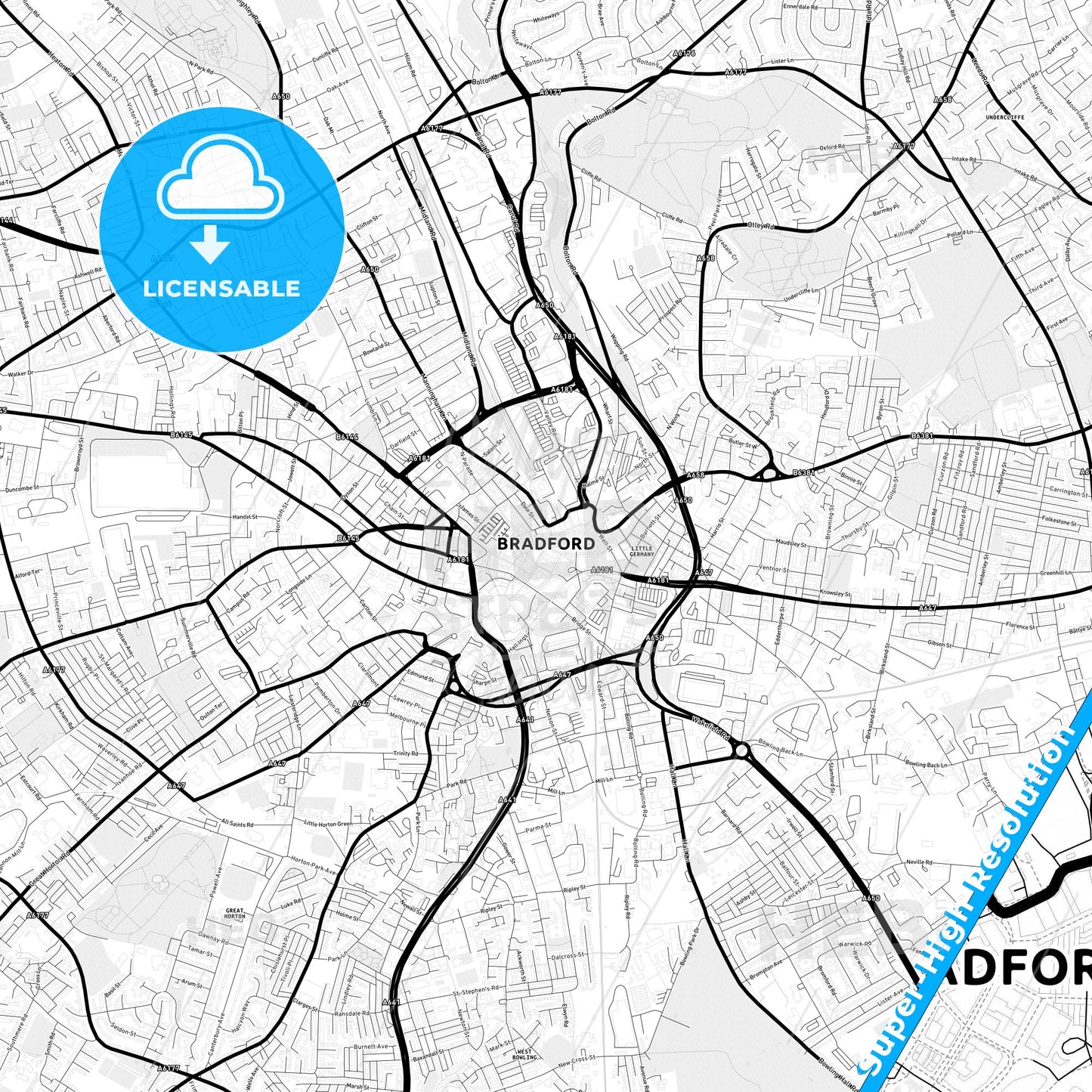 Bradford, England Light Map with Street Names, City Names, and Districts