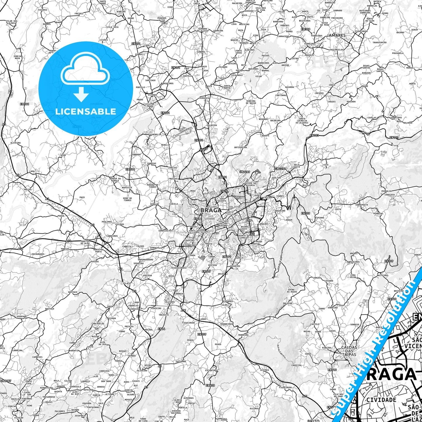 Braga, Portugal light map with streetnames, citynames and districts