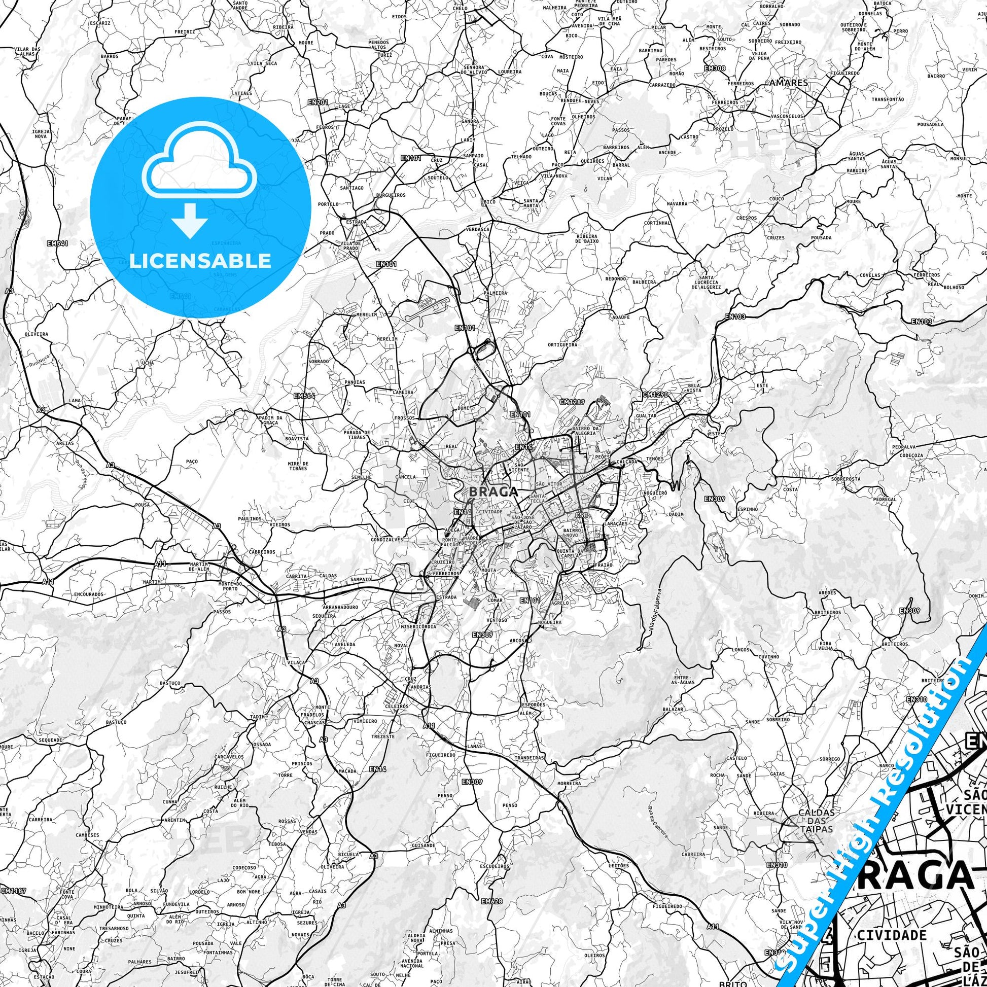 Braga, Portugal light map with streetnames, citynames and districts