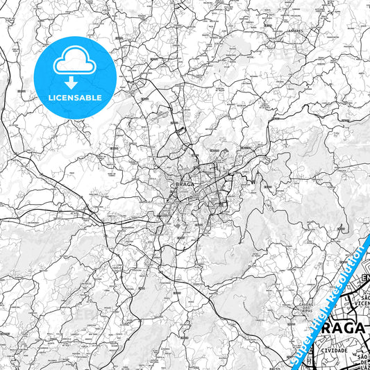 Braga, Portugal light map with streetnames, citynames and districts