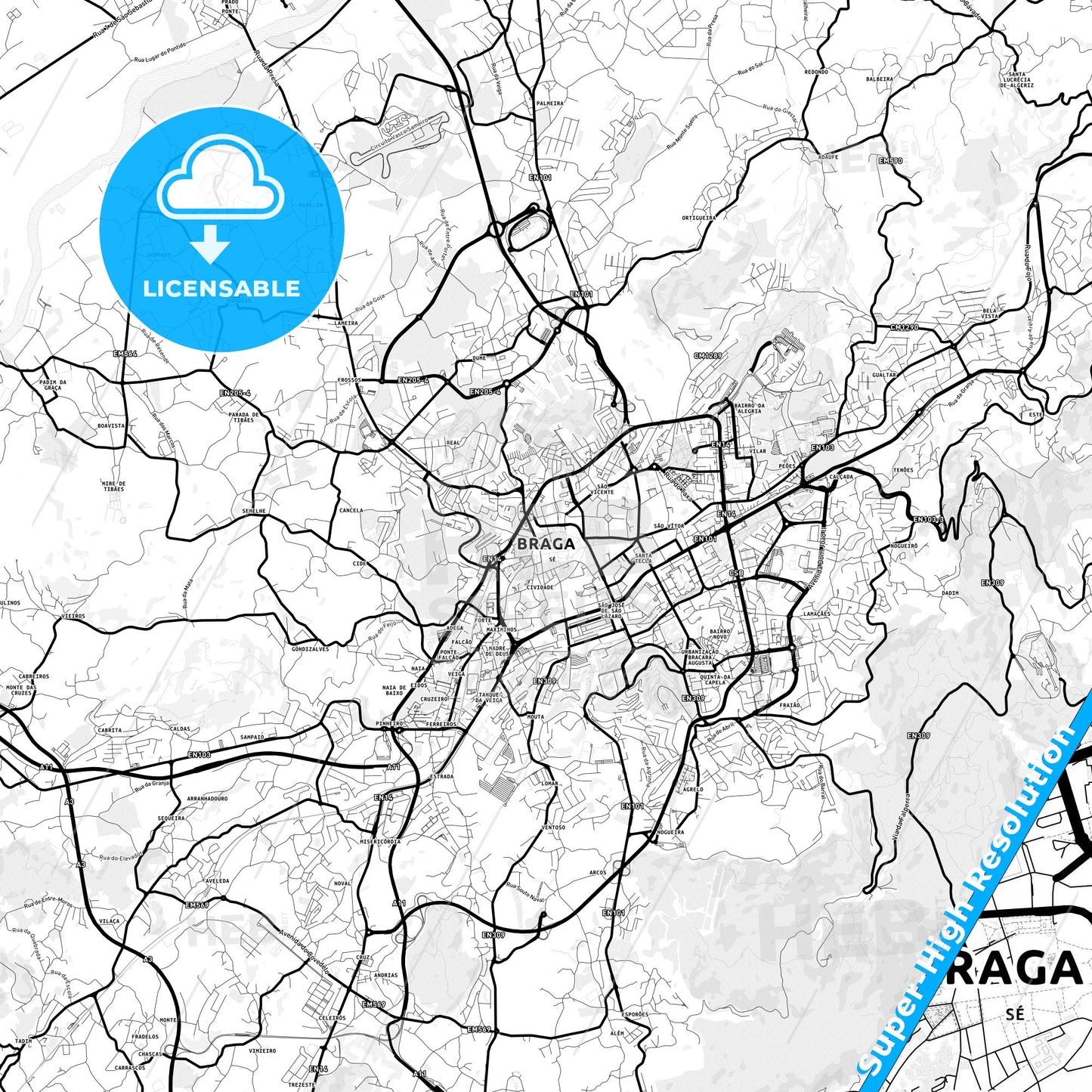 Braga, Portugal Light Map with Street Names, City Names, and Districts