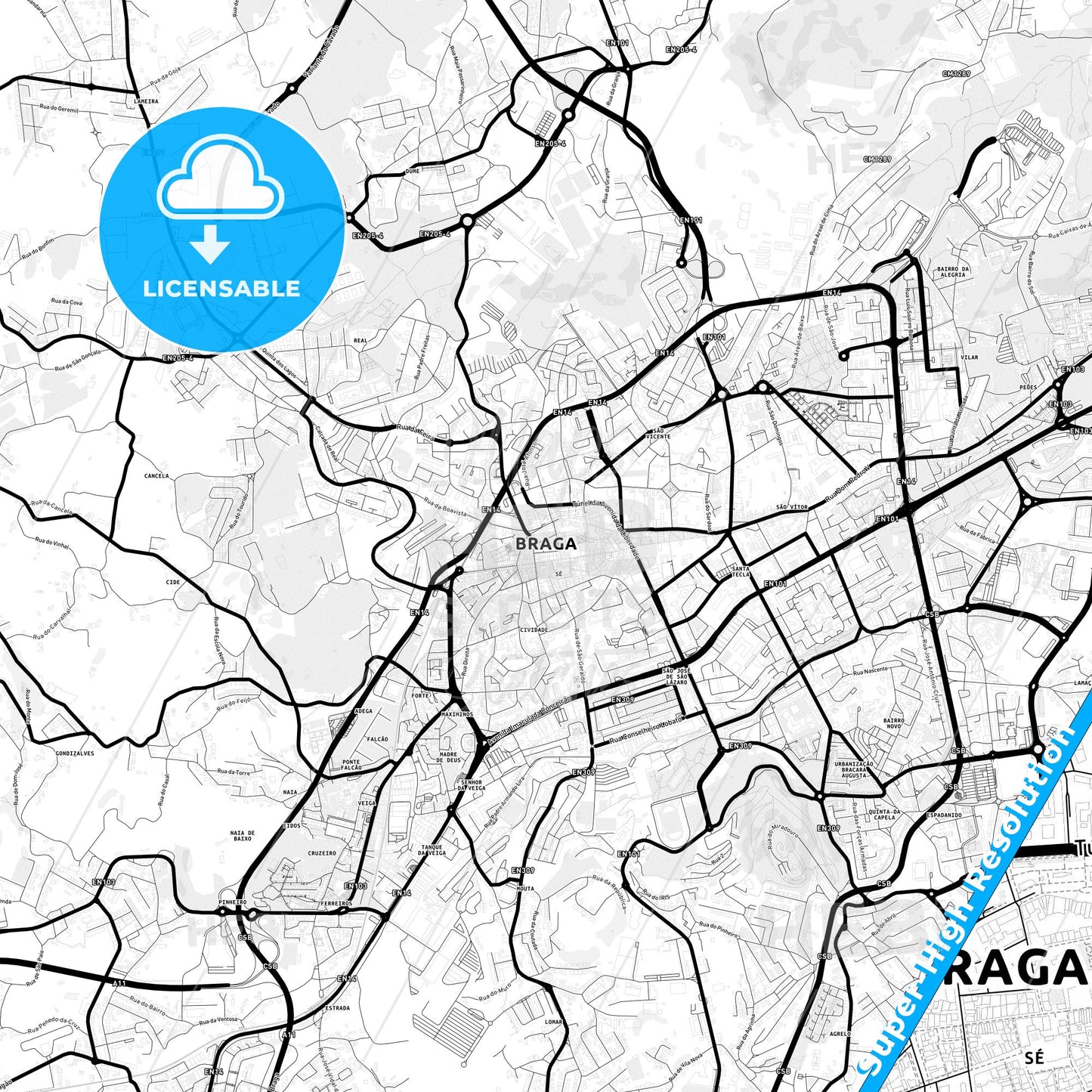 Braga, Portugal Light Map with Street Names, City Names, and Districts