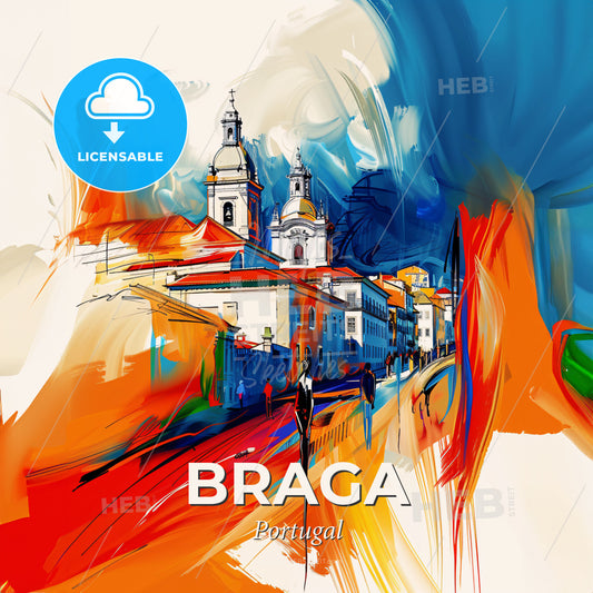 Vibrant Braga, Portugal - A Painting Of A Street With Buildings And A Church - Square format print template