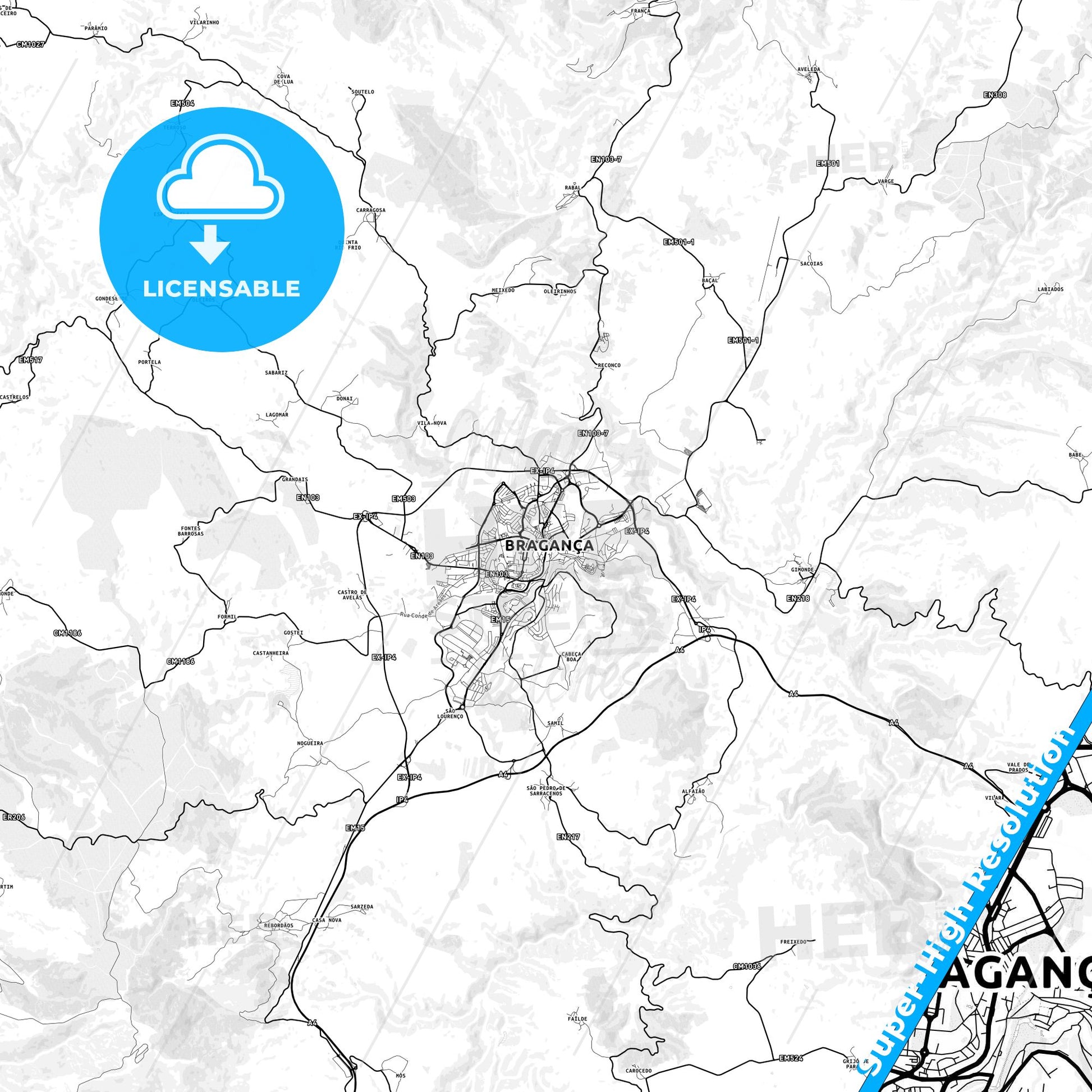 Bragança, Portugal light map with streetnames, citynames and districts