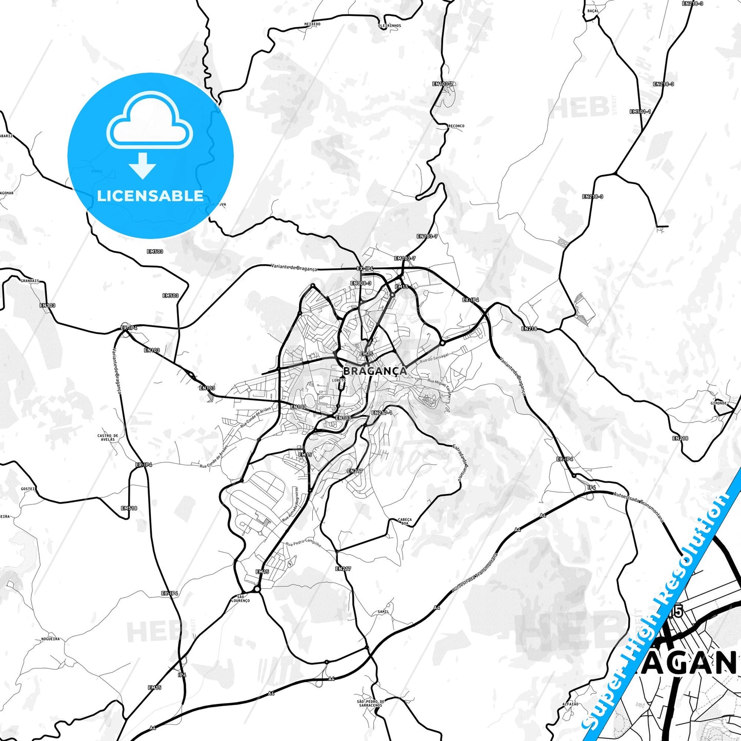 Bragança, Portugal Light Map with Street Names, City Names, and Districts