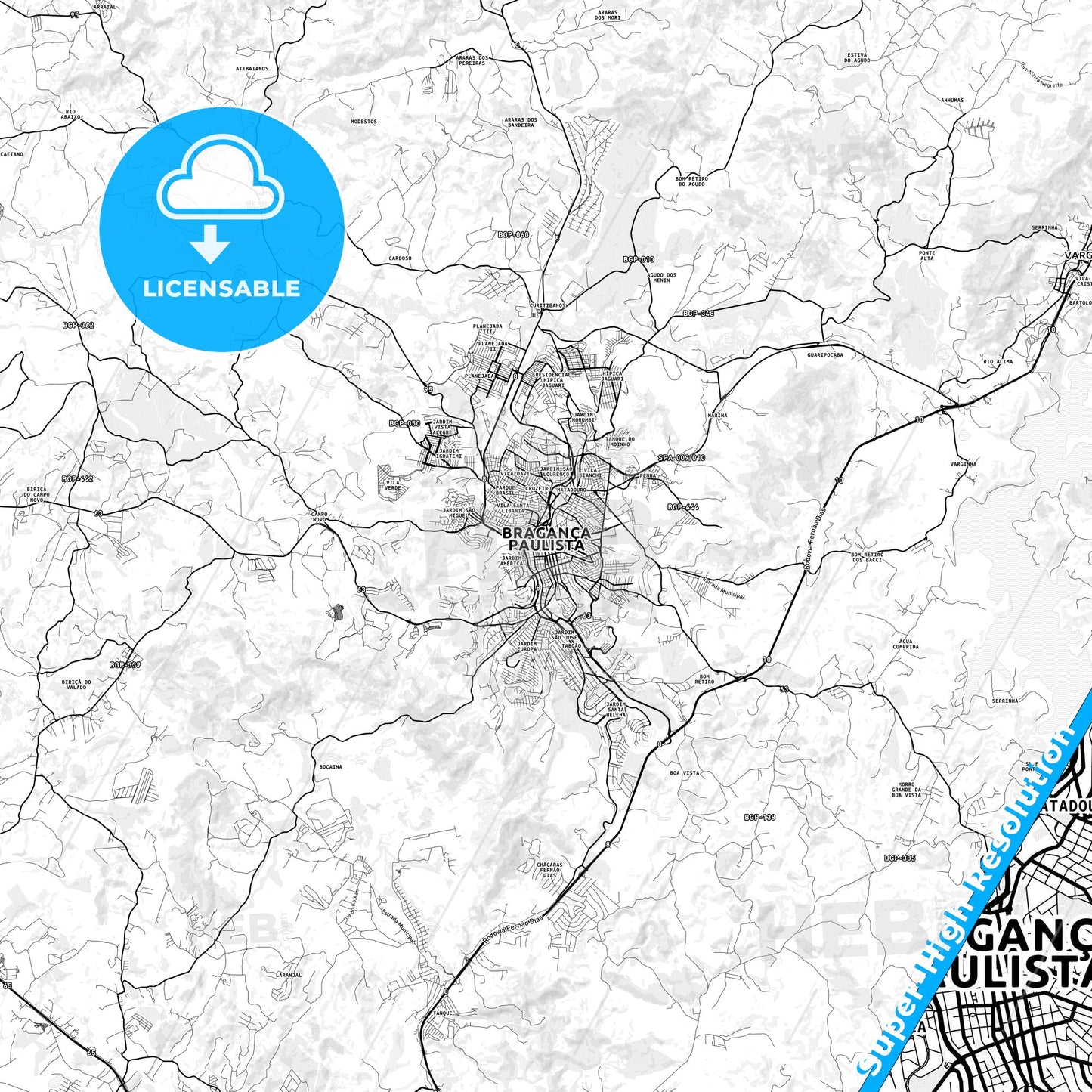 Braganca Paulista, Brazil light map with streetnames, citynames and districts
