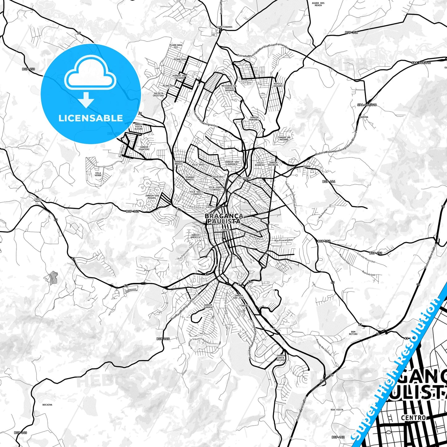 Braganca Paulista, Brazil Light Map with Street Names, City Names, and Districts