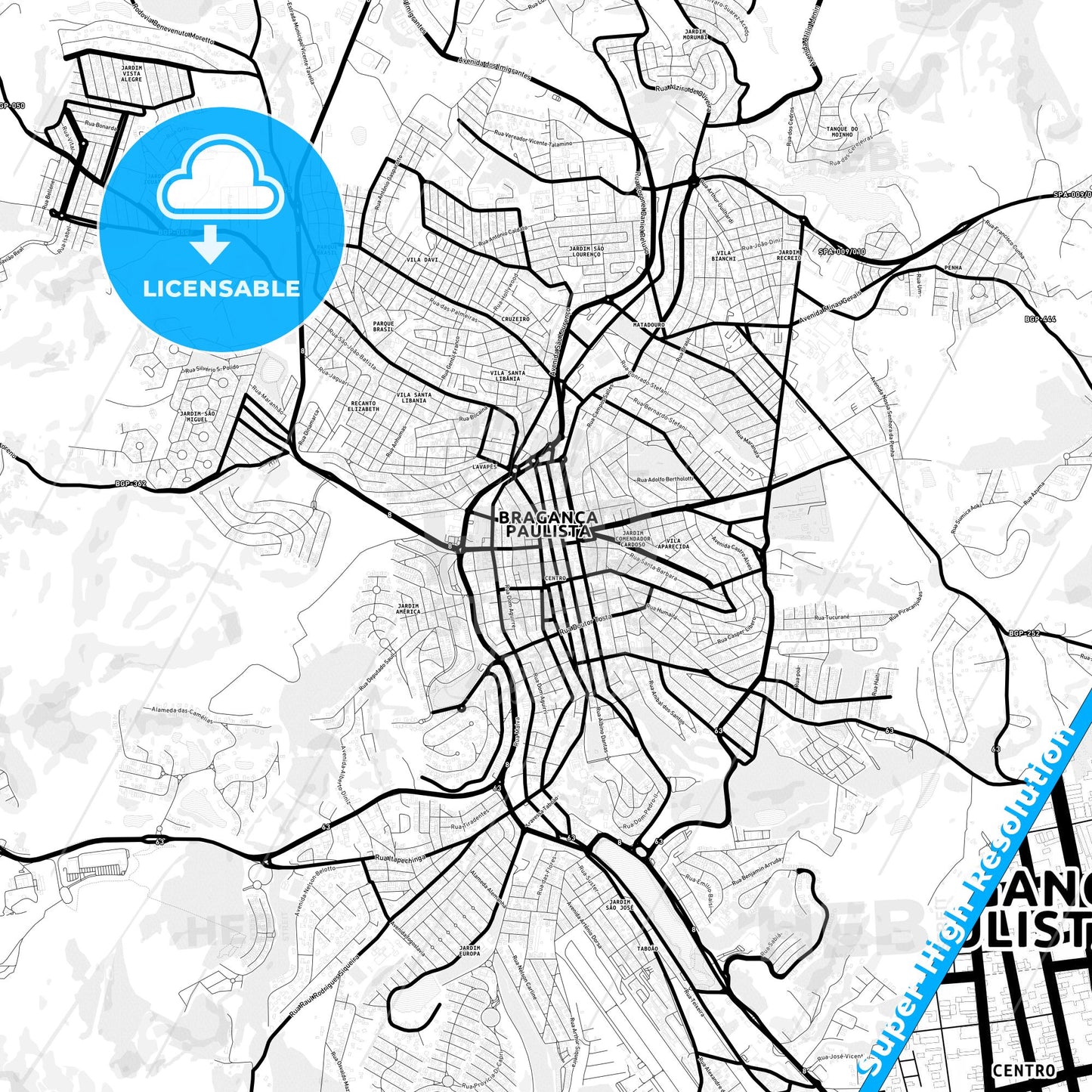 Braganca Paulista, Brazil Light Map with Street Names, City Names, and Districts