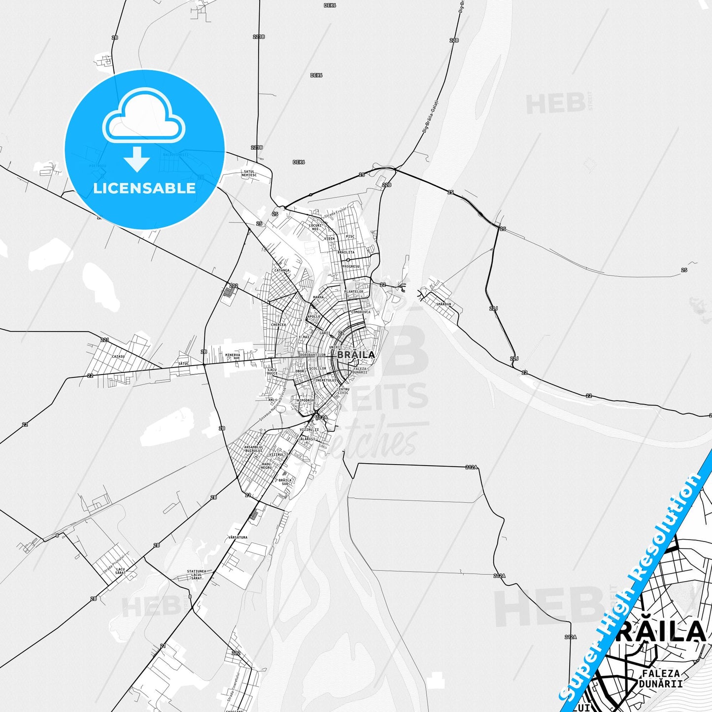 Brăila, Romania light map with streetnames, citynames and districts