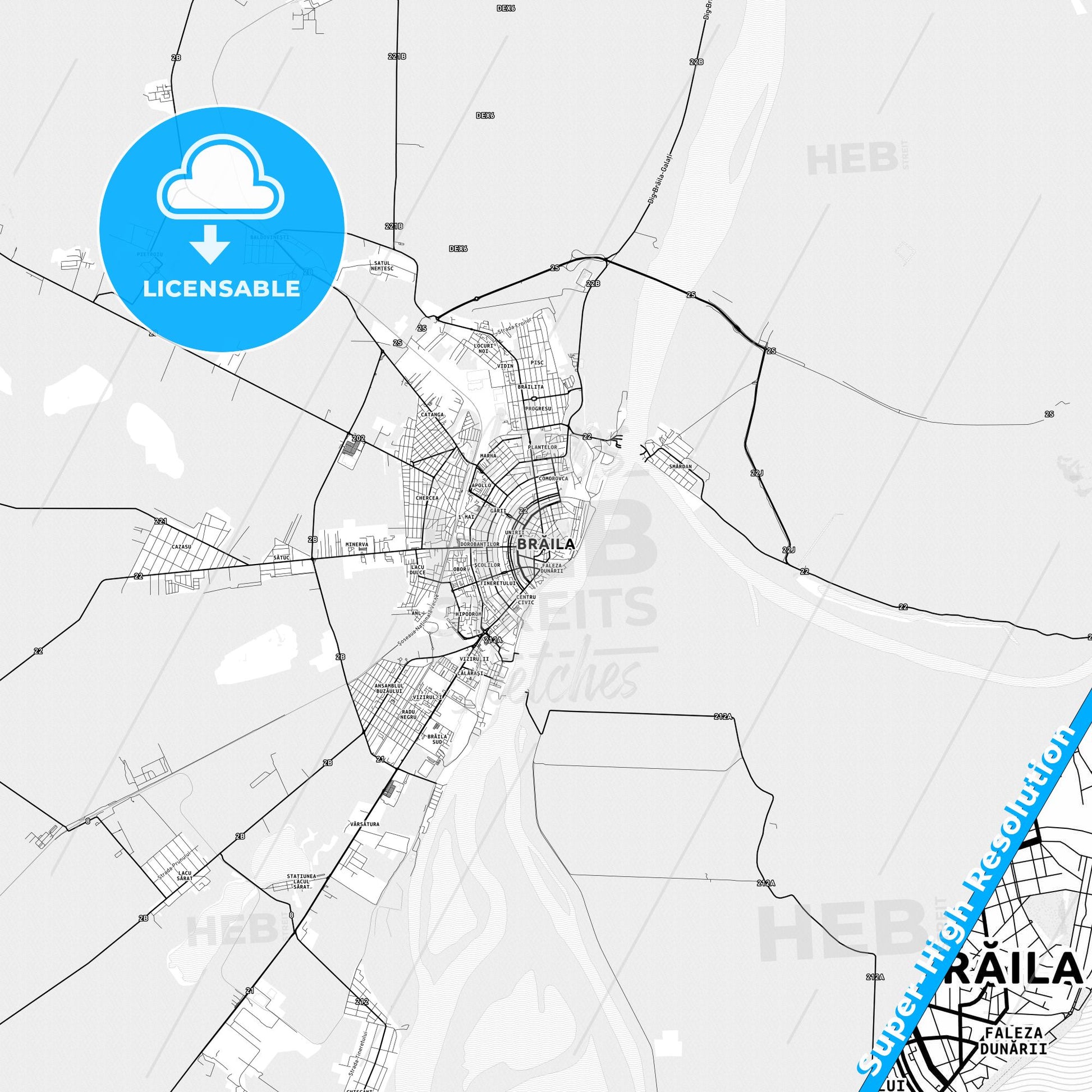 Brăila, Romania light map with streetnames, citynames and districts