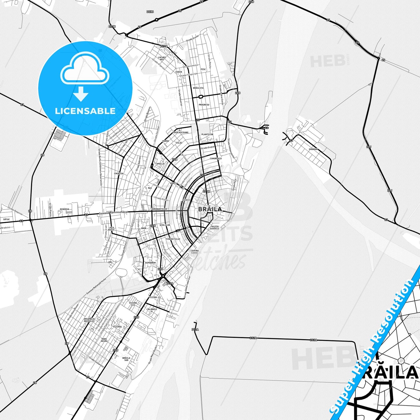 Brăila, Romania Light Map with Street Names, City Names, and Districts