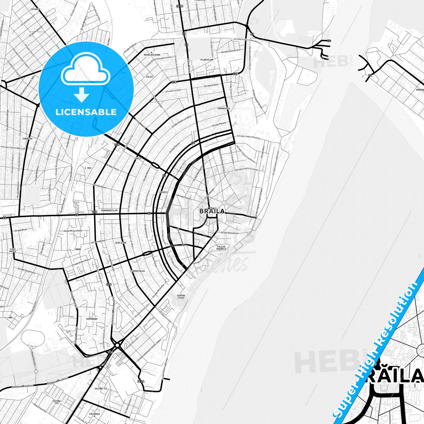 Brăila, Romania Light Map with Street Names, City Names, and Districts