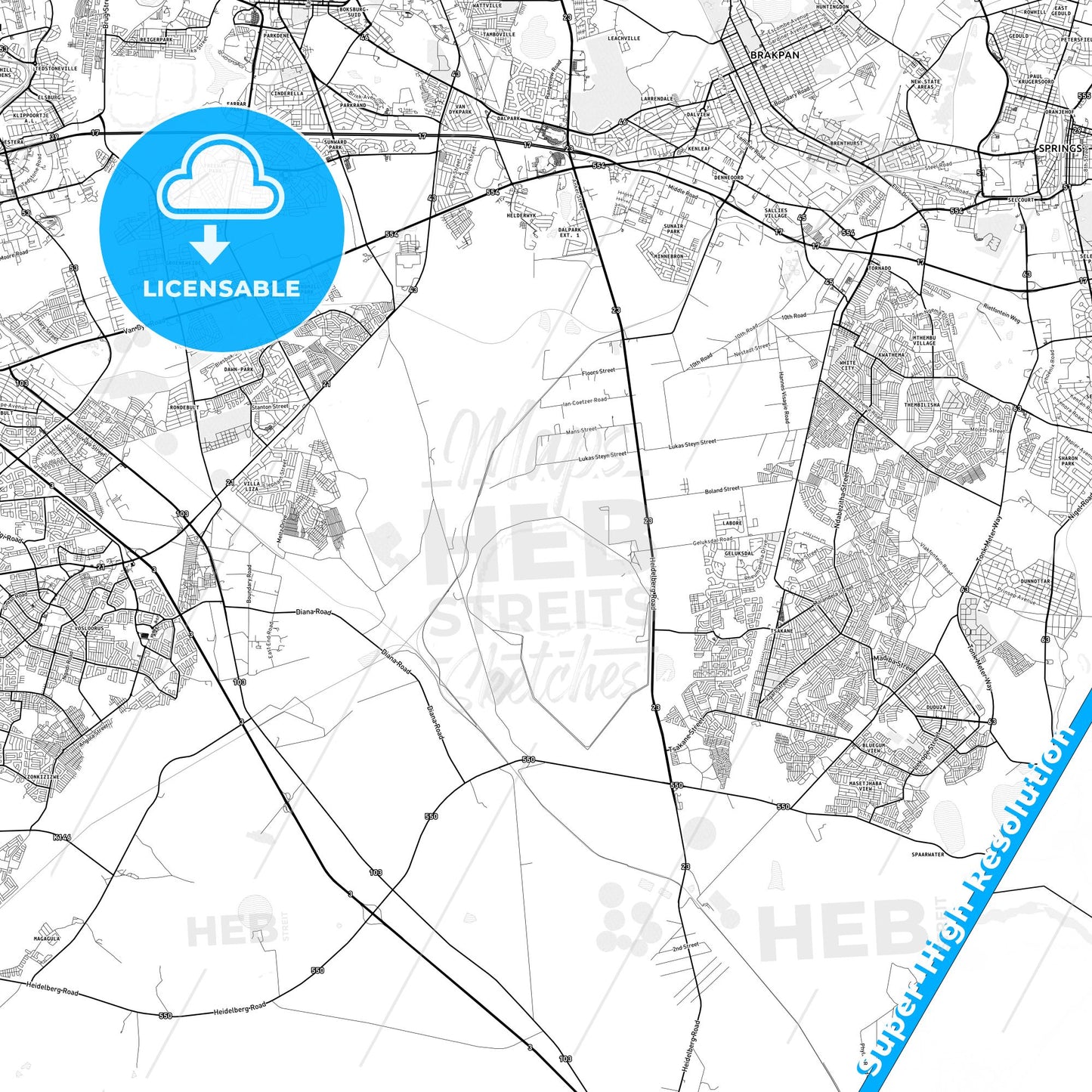 Brakpan, South Africa light map with streetnames, citynames and districts
