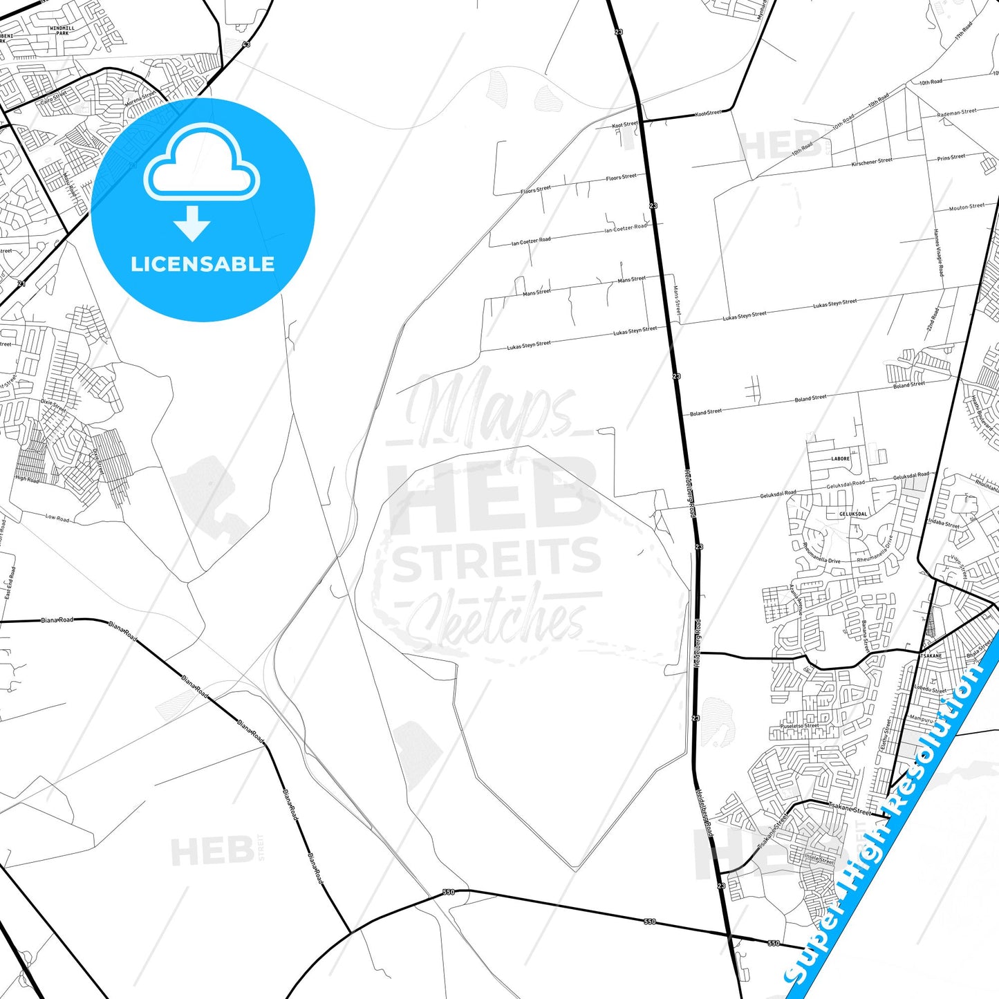 Brakpan, South Africa Light Map with Street Names, City Names, and Districts