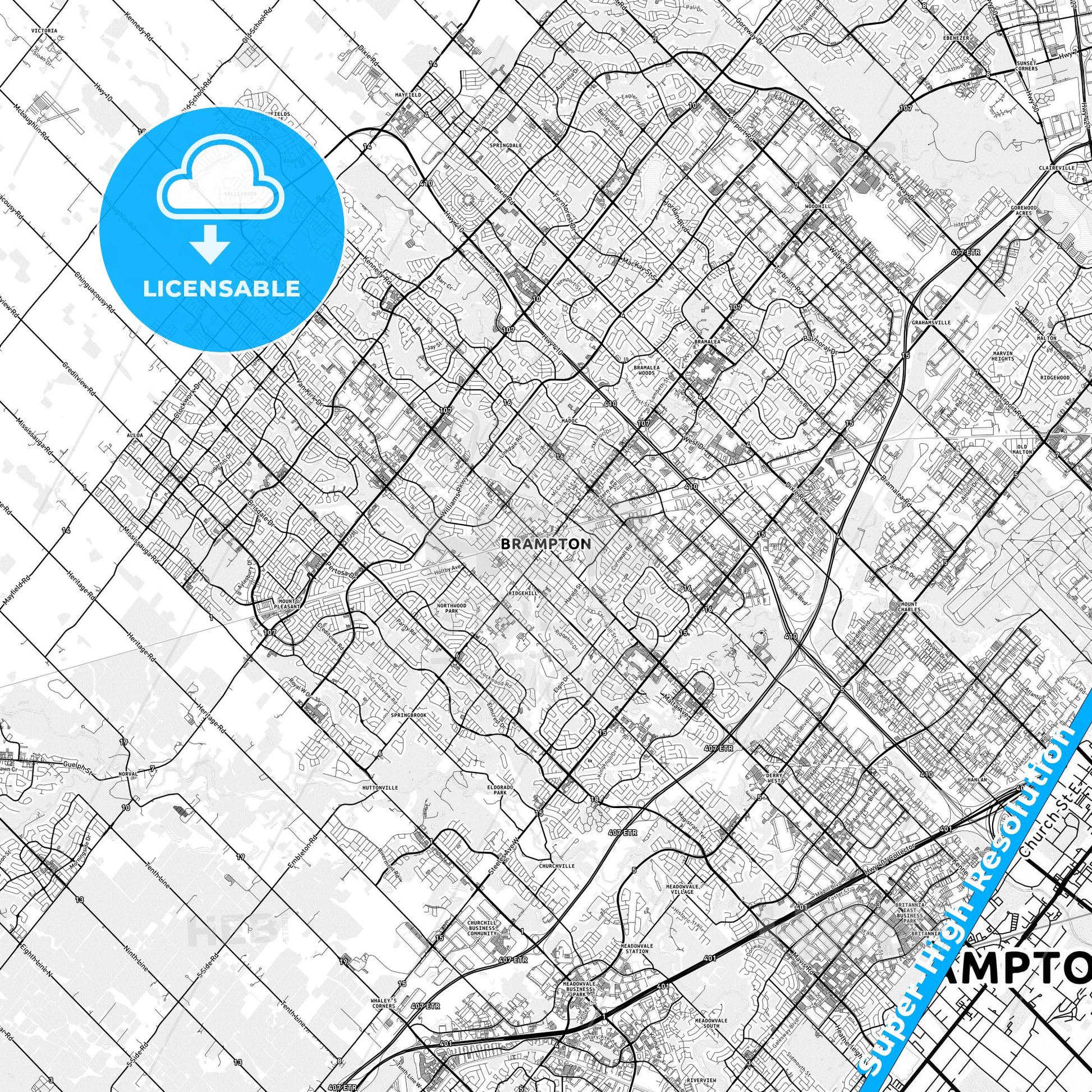 Brampton, Canada light map with streetnames, citynames and districts