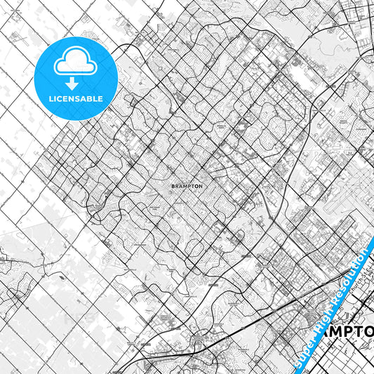 Brampton, Canada light map with streetnames, citynames and districts