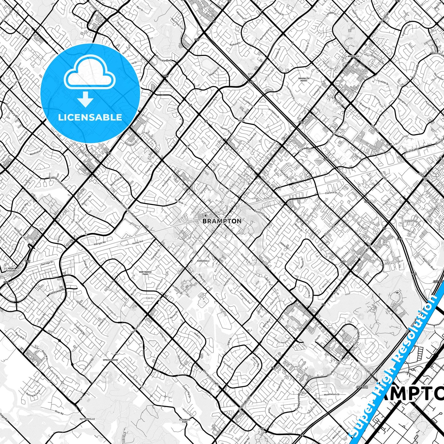 Brampton, Canada Light Map with Street Names, City Names, and Districts