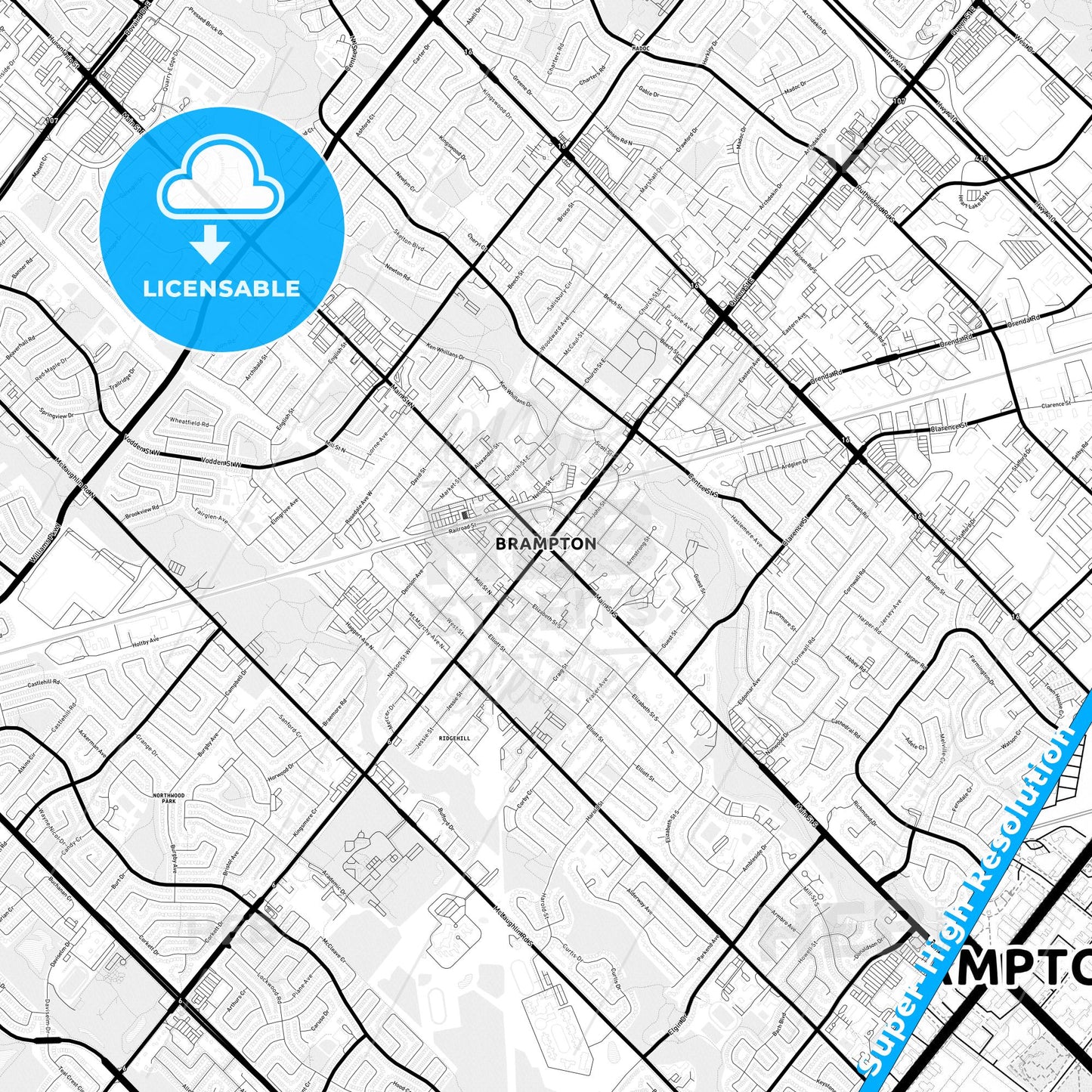 Brampton, Canada Light Map with Street Names, City Names, and Districts
