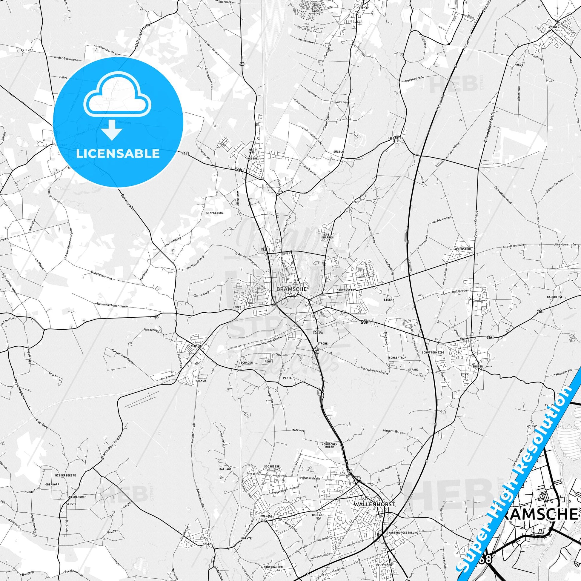 Bramsche, Germany light map with streetnames, citynames and districts
