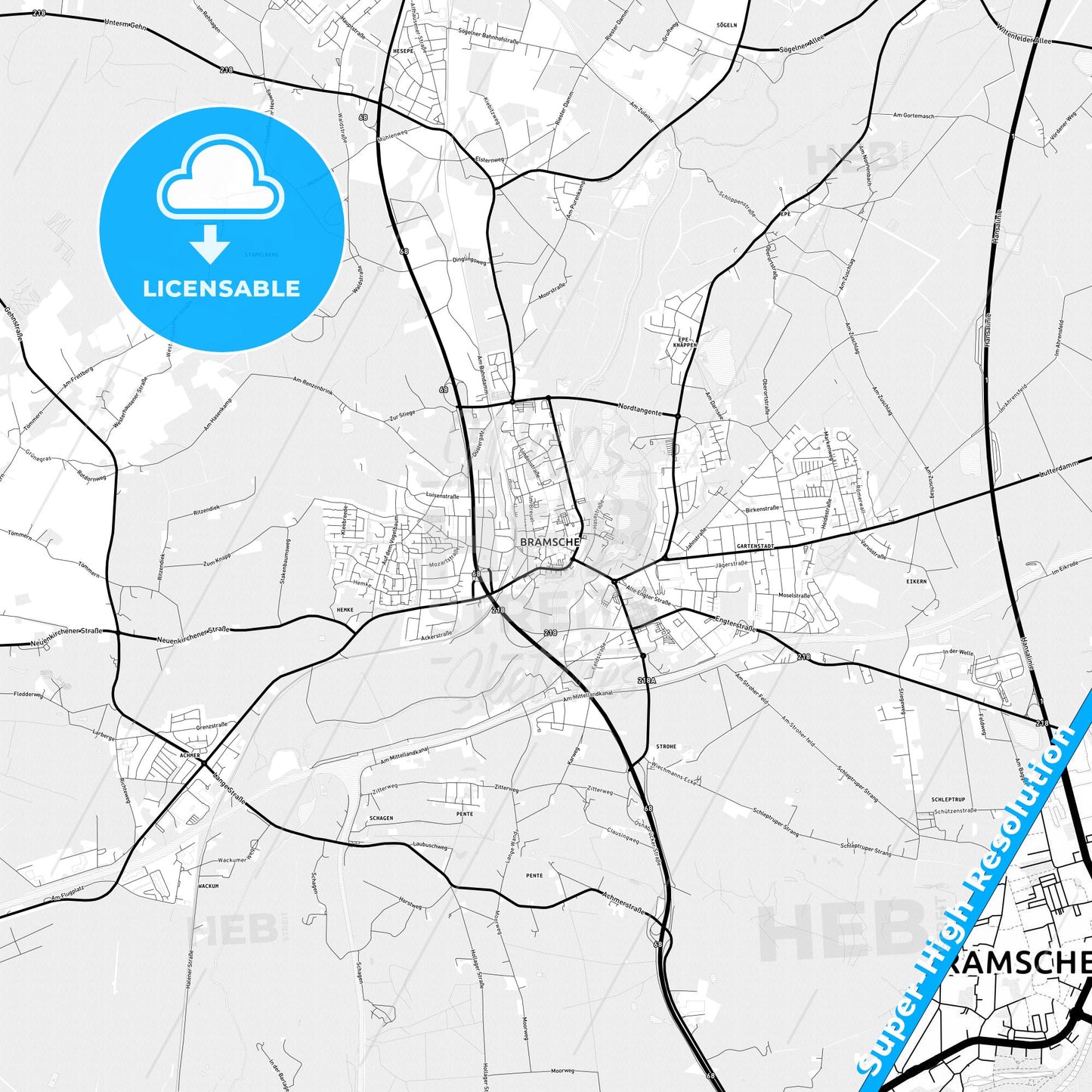 Bramsche, Germany Light Map with Street Names, City Names, and Districts