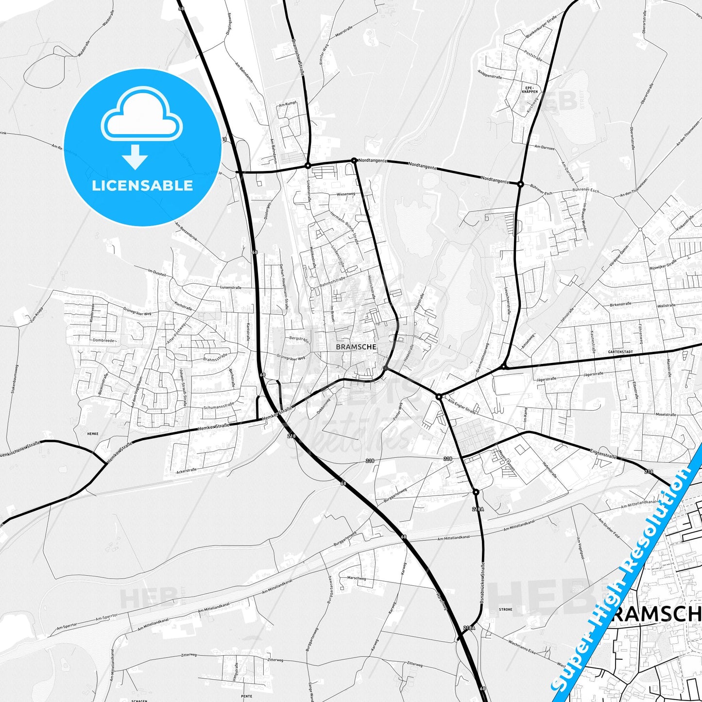 Bramsche, Germany Light Map with Street Names, City Names, and Districts
