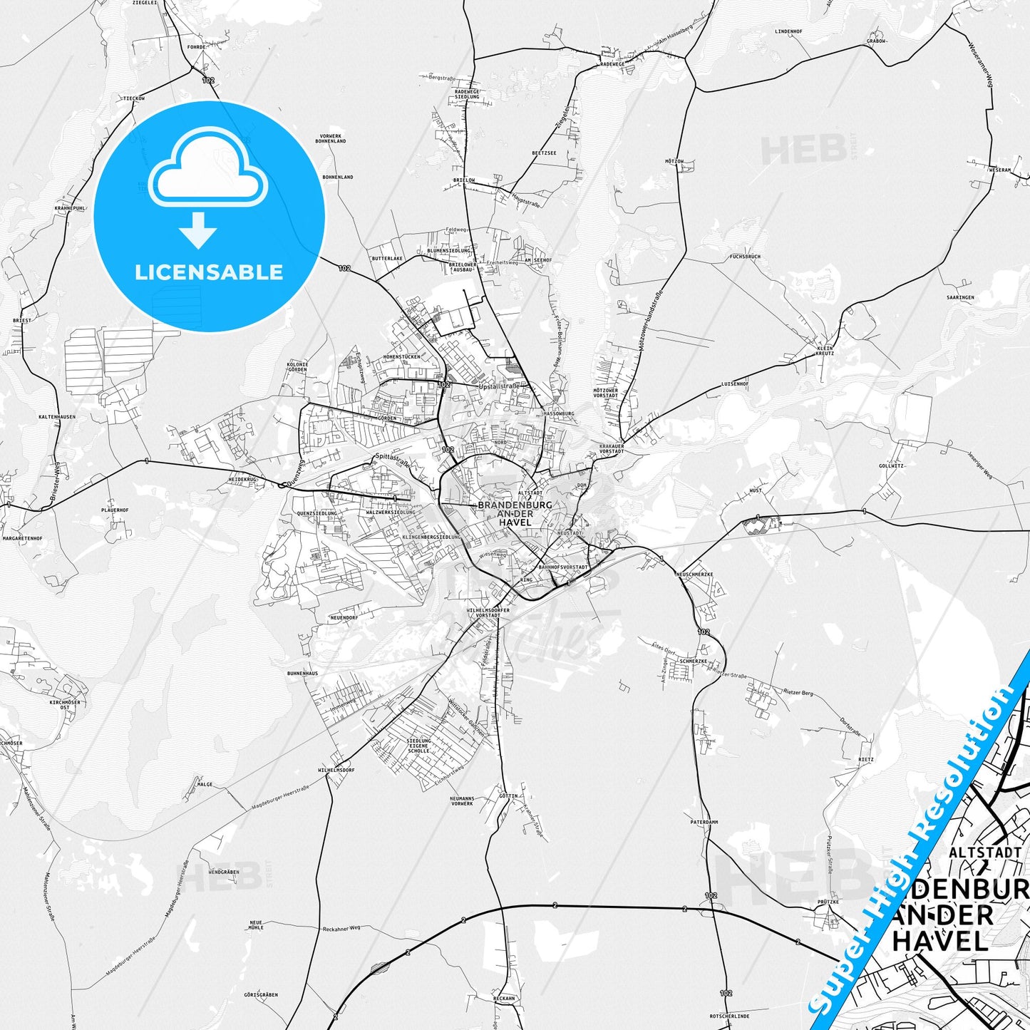 Brandenburg an der Havel, Germany light map with streetnames, citynames and districts