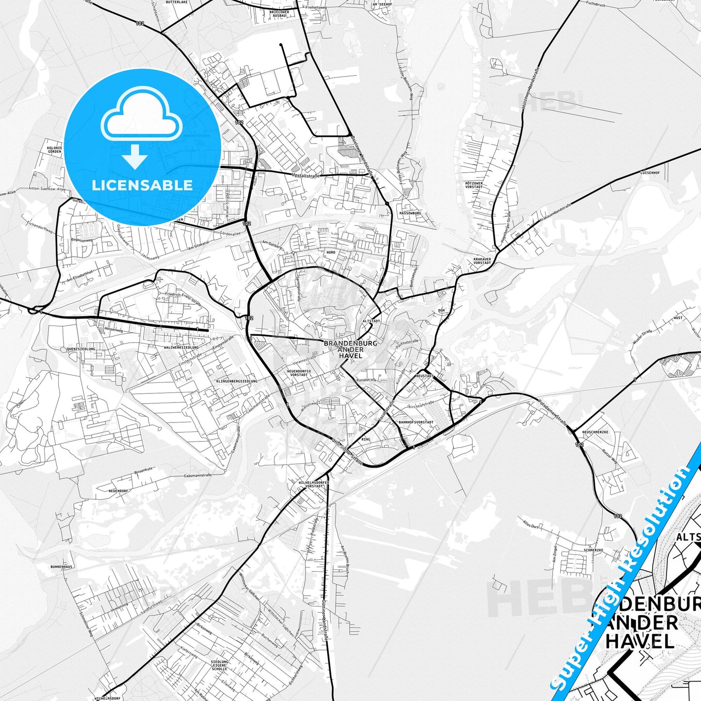 Brandenburg an der Havel, Germany Light Map with Street Names, City Names, and Districts