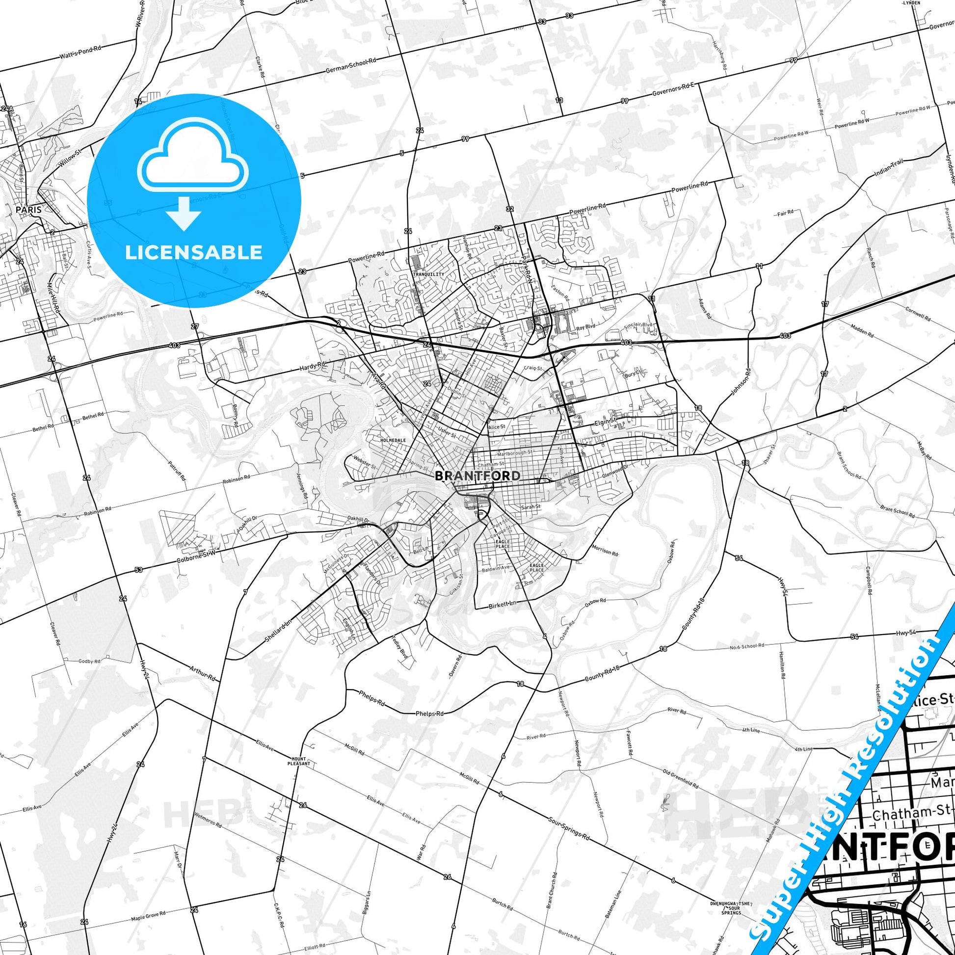 Brantford, Canada light map with streetnames, citynames and districts