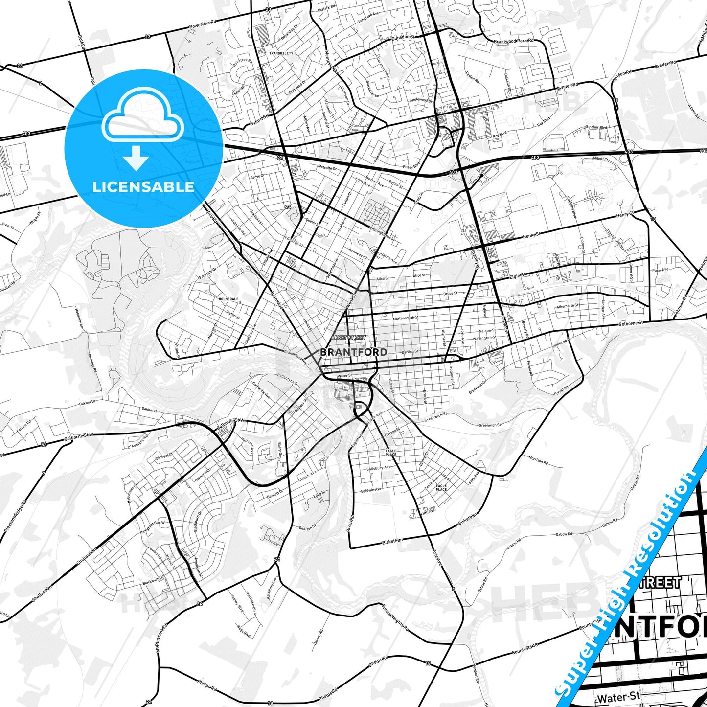 Brantford, Canada Light Map with Street Names, City Names, and Districts