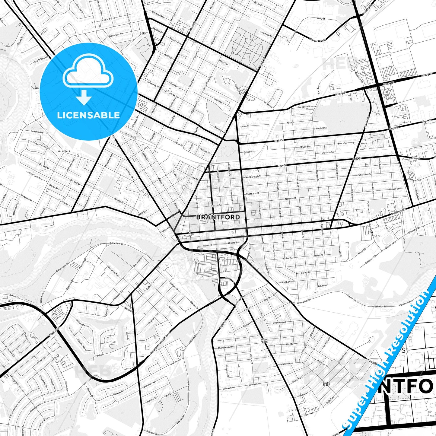 Brantford, Canada Light Map with Street Names, City Names, and Districts