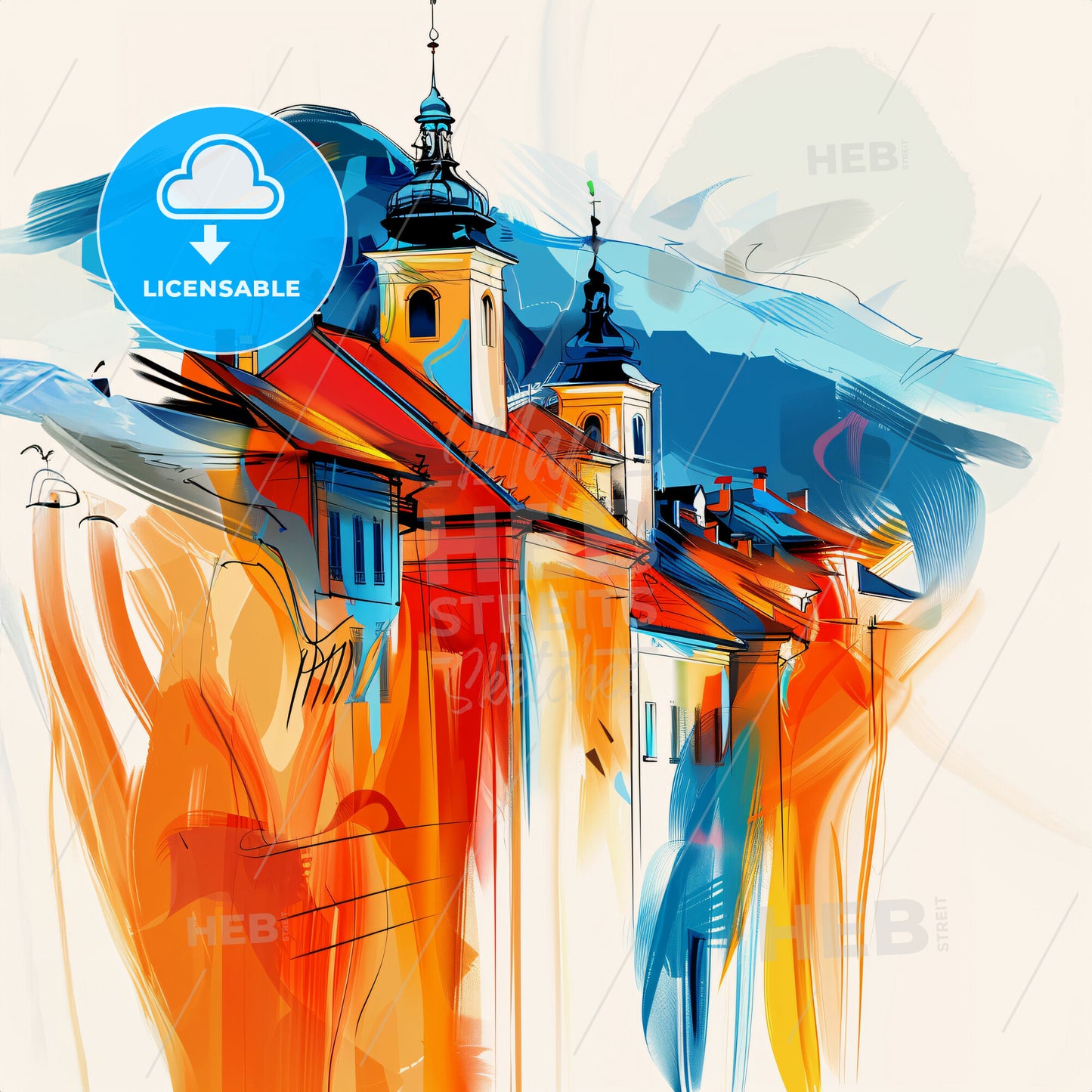 Vibrant Brașov, Romania - A Painting Of A Building With A Steeple