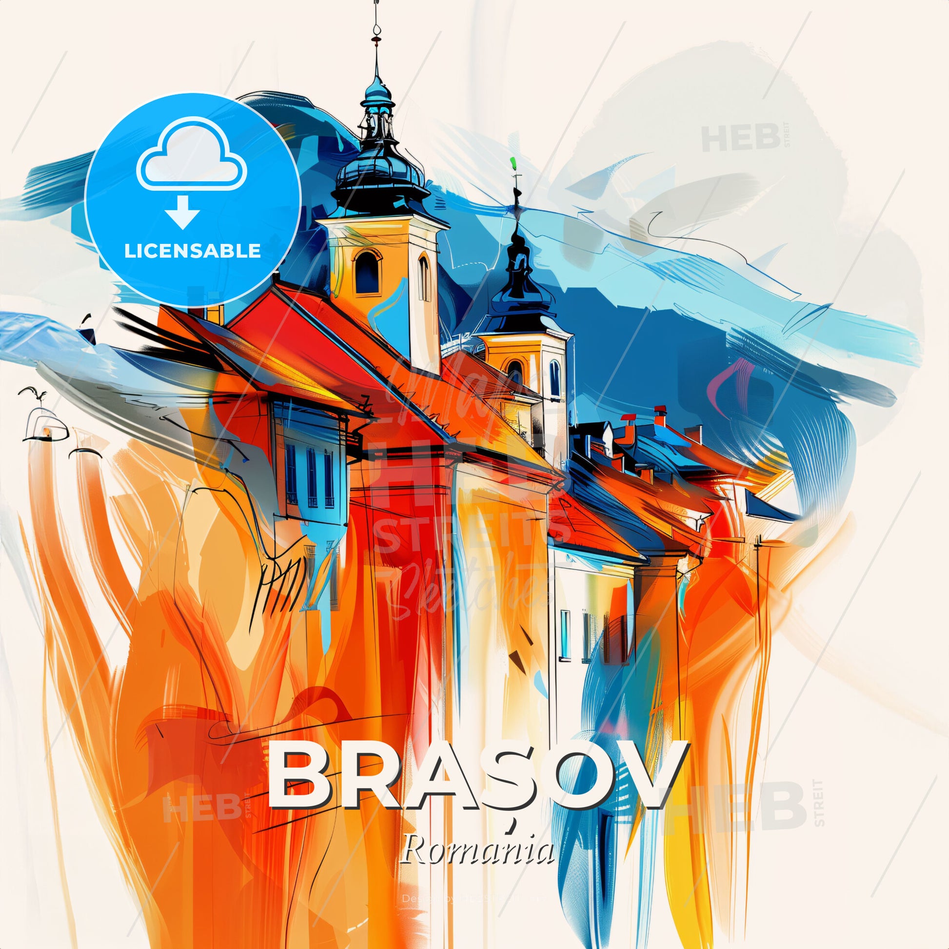 Vibrant Brașov, Romania - A Painting Of A Building With A Steeple - Square format print template