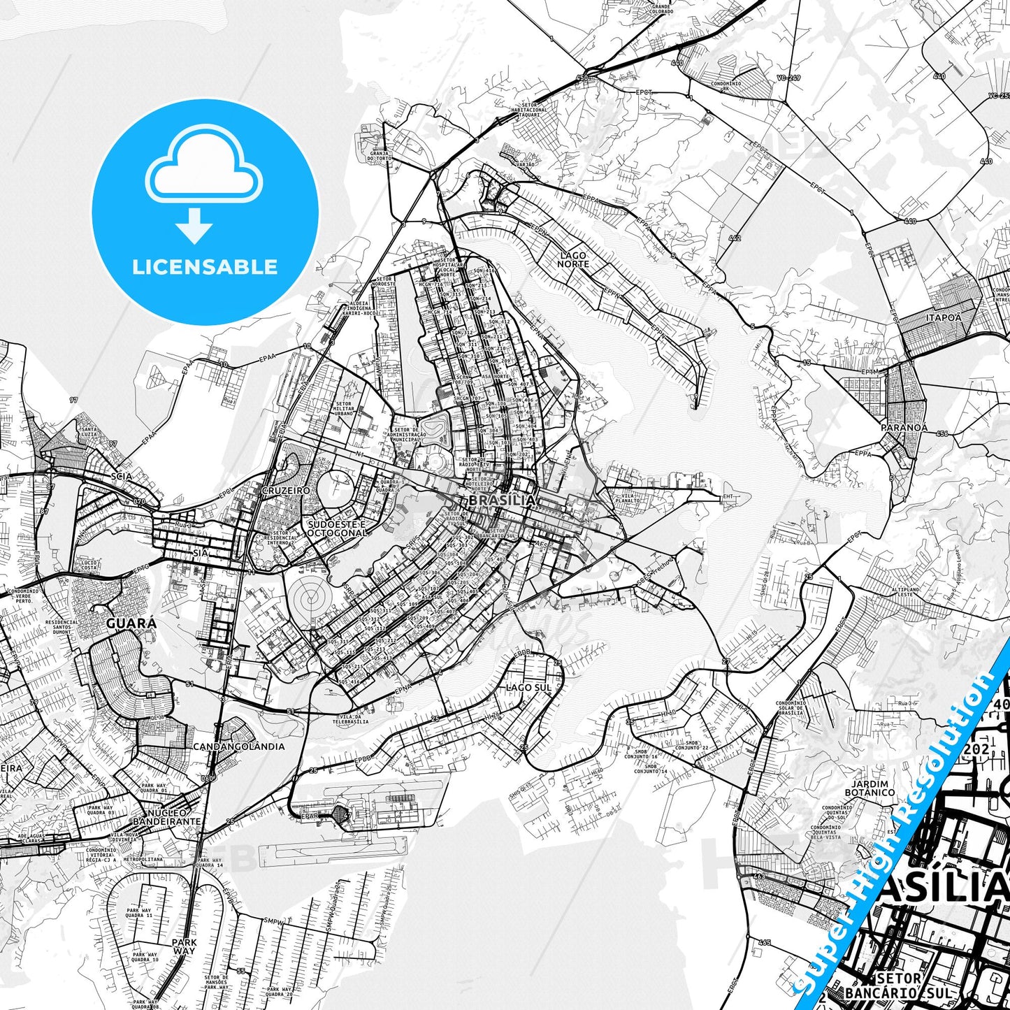Brasilia, Brazil light map with streetnames, citynames and districts