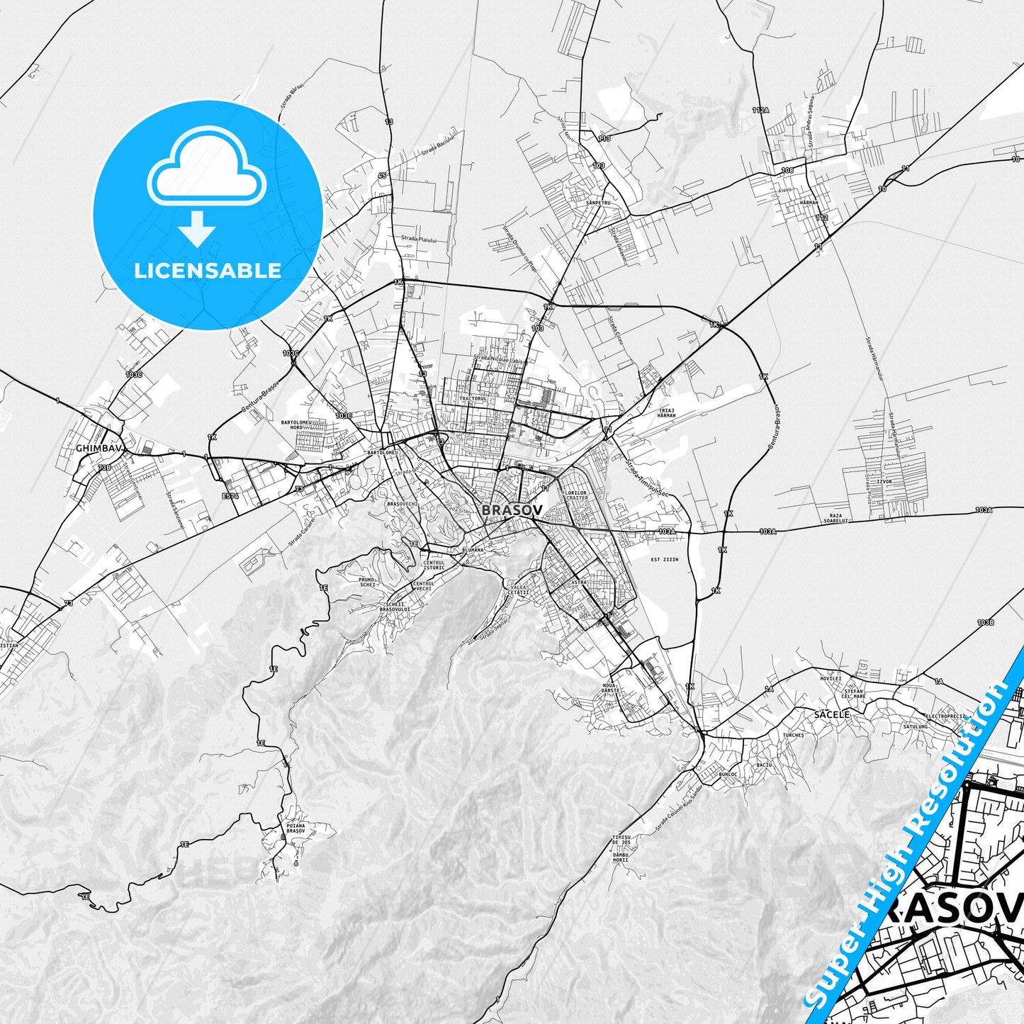 Brașov, Romania light map with streetnames, citynames and districts