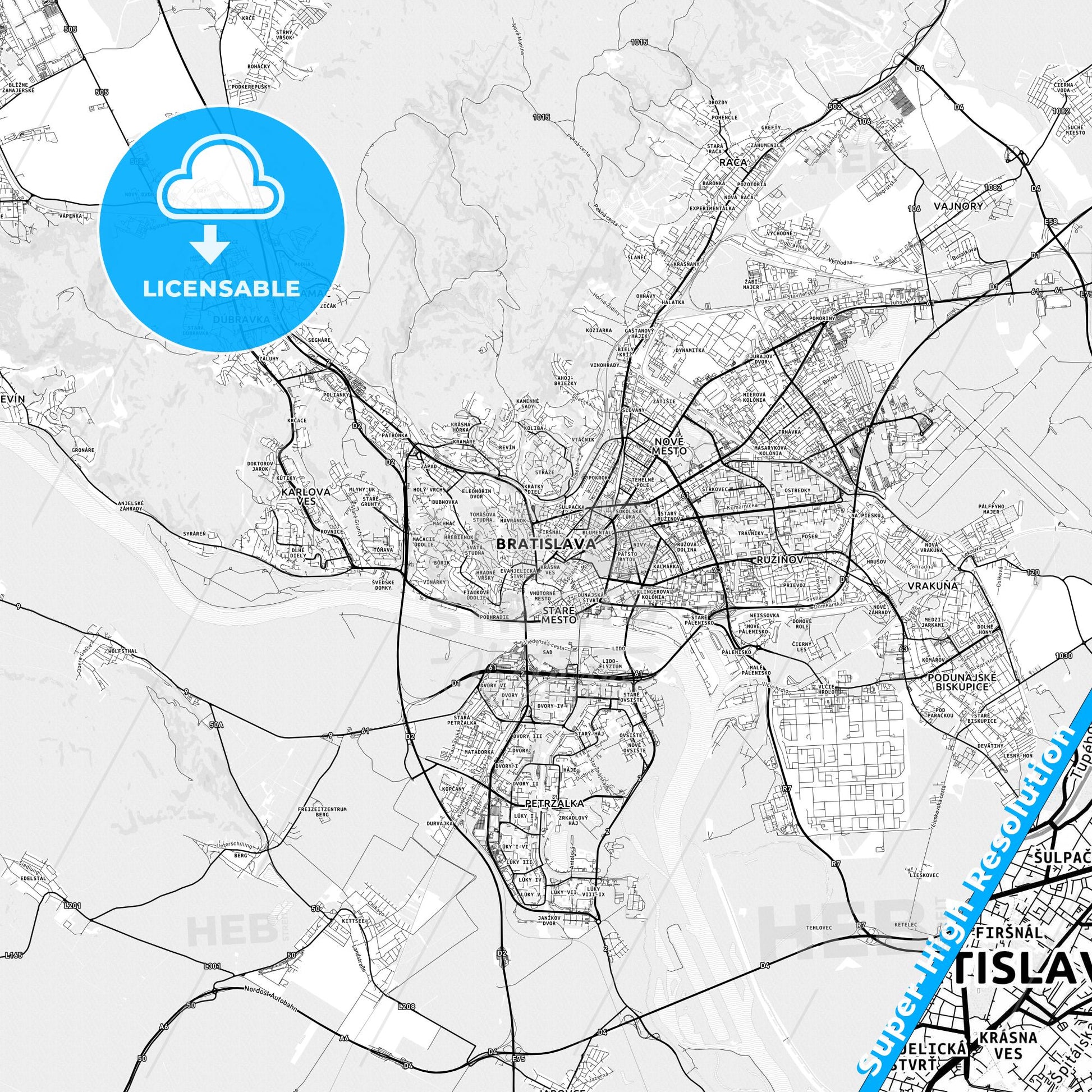 Bratislava, Slovakia light map with streetnames, citynames and districts