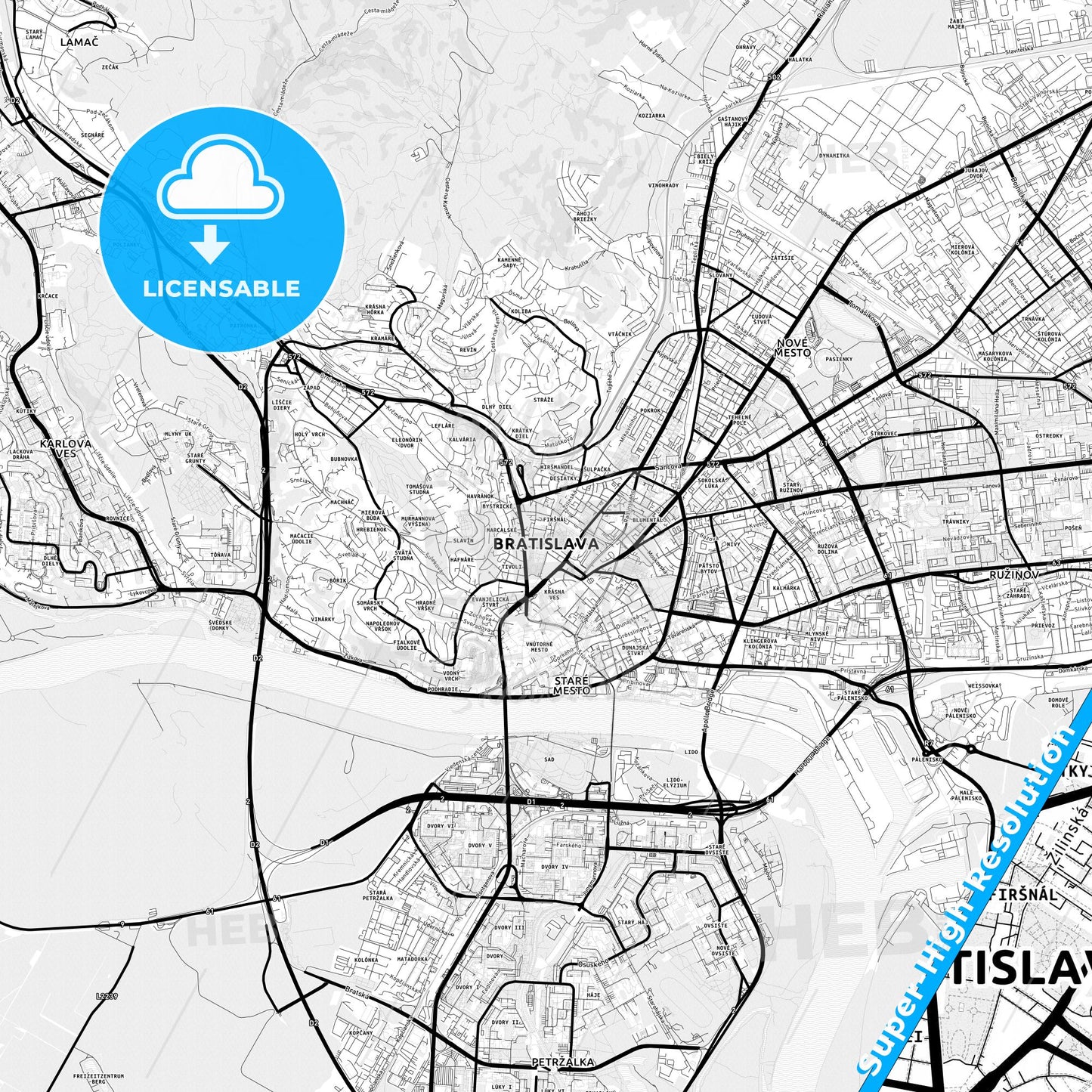 Bratislava, Slovakia Light Map with Street Names, City Names, and Districts