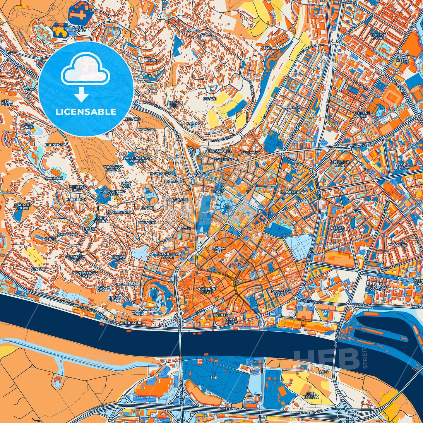 Colorful Bratislava Street Map with Labels and Buildings